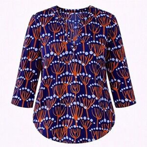 Buckhead Betties Navy Blue Orange Botanical Print Roll Tab Sleeve Tunic Top L